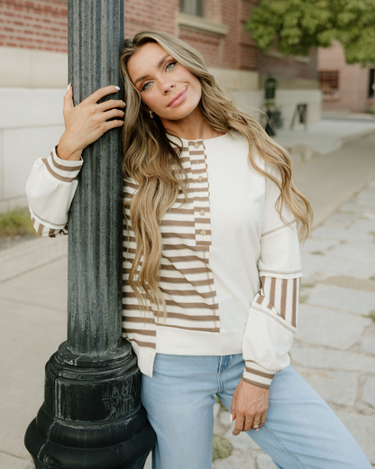Bennie Stripe Stitched Detail Color Block Pullover Top