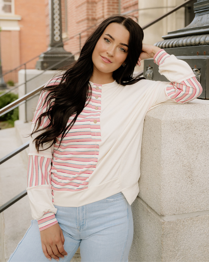Bennie Stripe Stitched Detail Color Block Pullover Top