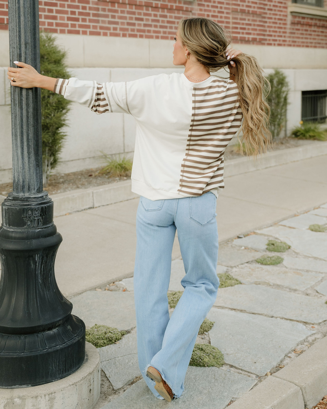 Bennie Stripe Stitched Detail Color Block Pullover Top