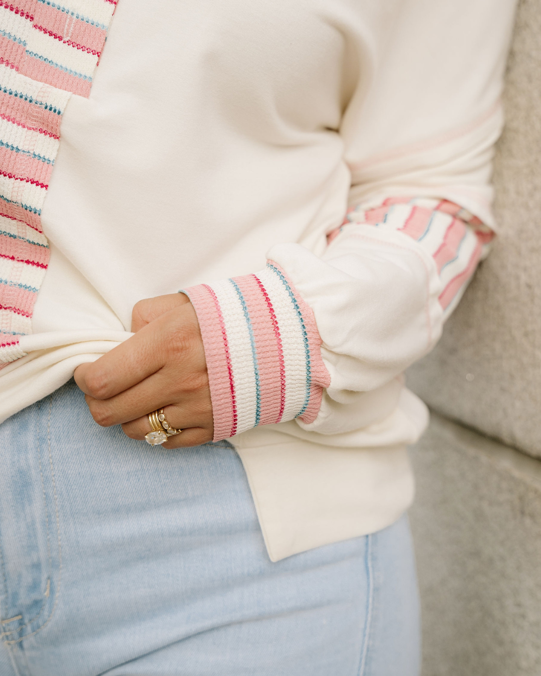 Bennie Stripe Stitched Detail Color Block Pullover Top