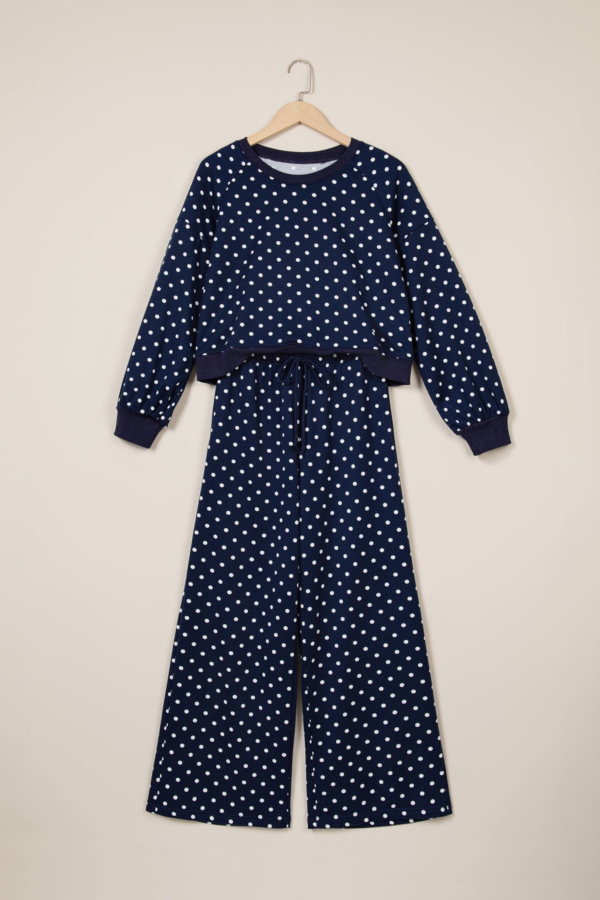 Jane Polka Dot Drawstring Wide Leg Long Sleeve Top Pant Set
