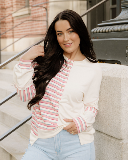 Bennie Stripe Stitched Detail Color Block Pullover Top