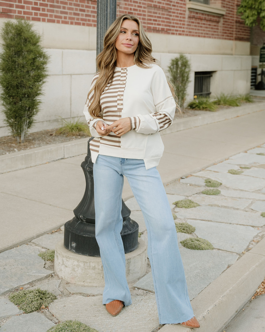 Bennie Stripe Stitched Detail Color Block Pullover Top