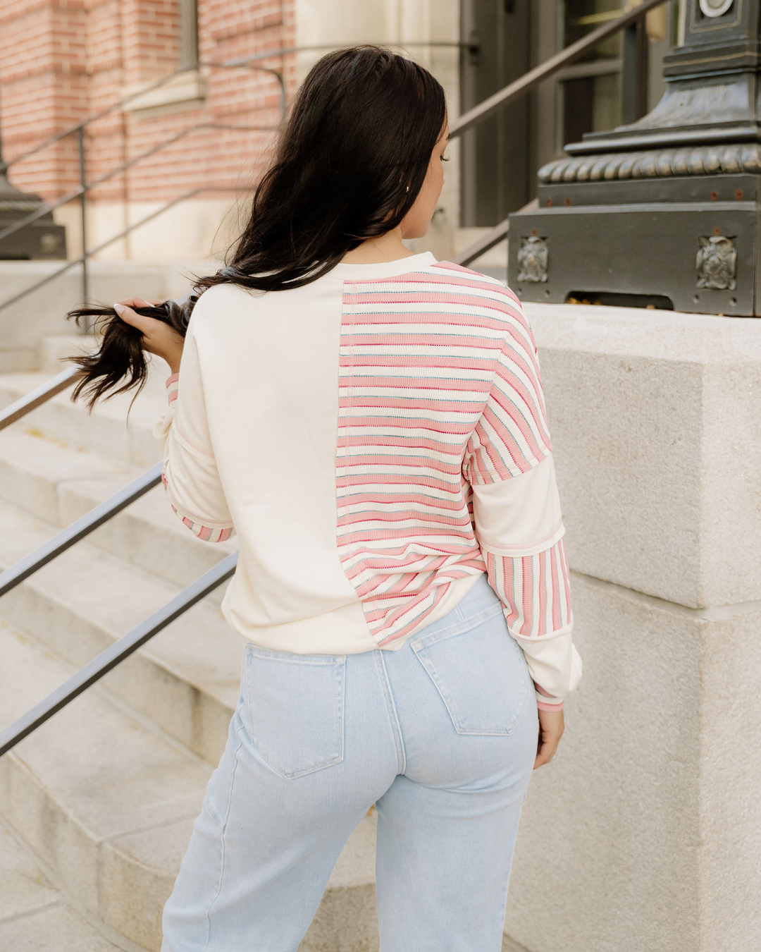 Bennie Stripe Stitched Detail Color Block Pullover Top