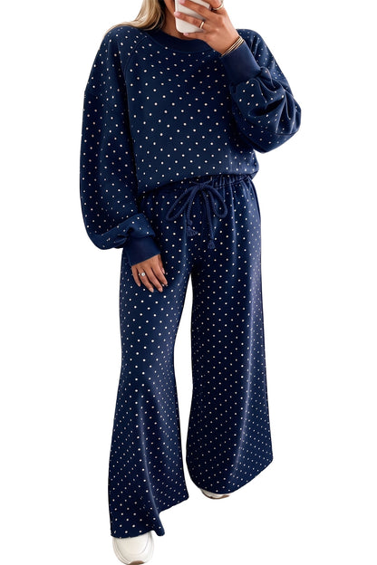 Jane Polka Dot Drawstring Wide Leg Long Sleeve Top Pant Set