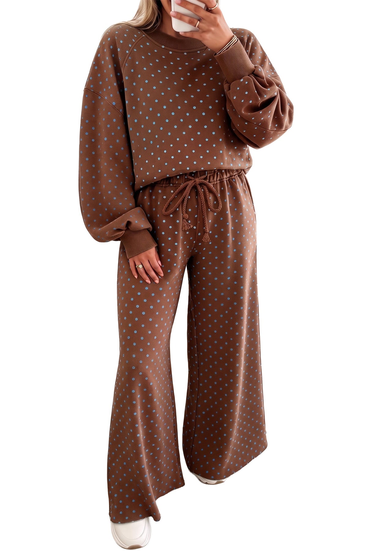 Jane Polka Dot Drawstring Wide Leg Long Sleeve Top Pant Set