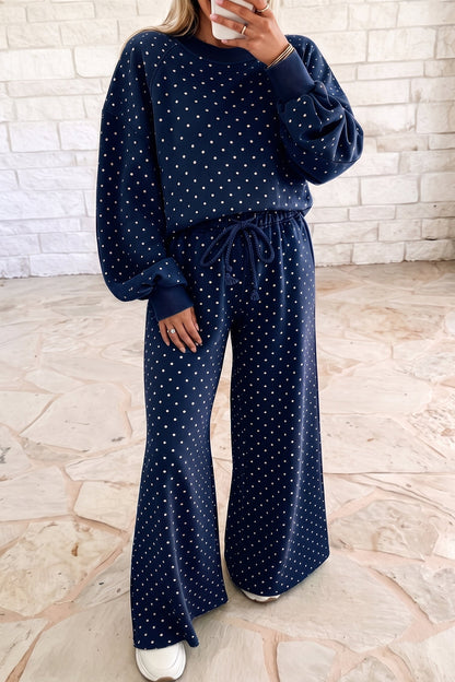 Jane Polka Dot Drawstring Wide Leg Long Sleeve Top Pant Set