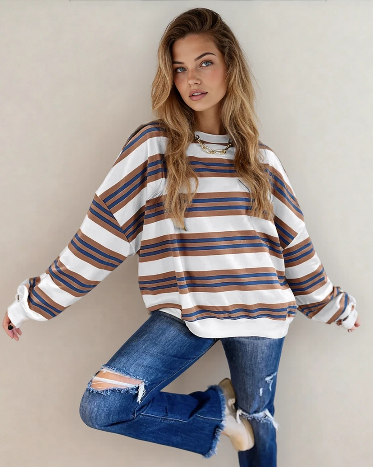 Sophie Stripe Crew Neck Drop Shoulder Pullover Sweatshirt