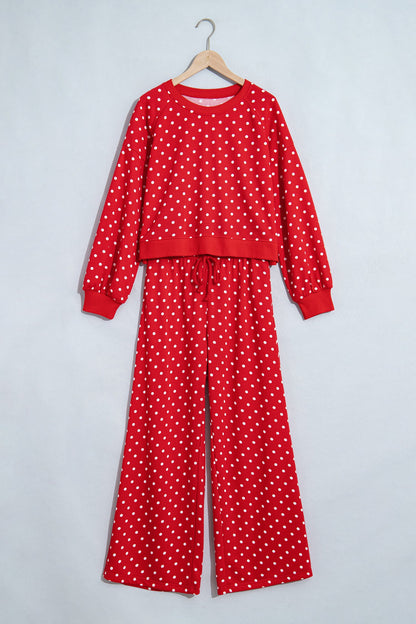 Jane Polka Dot Drawstring Wide Leg Long Sleeve Top Pant Set